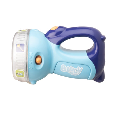 Bluey Toy flashlight with blue body and purple handle on a white background