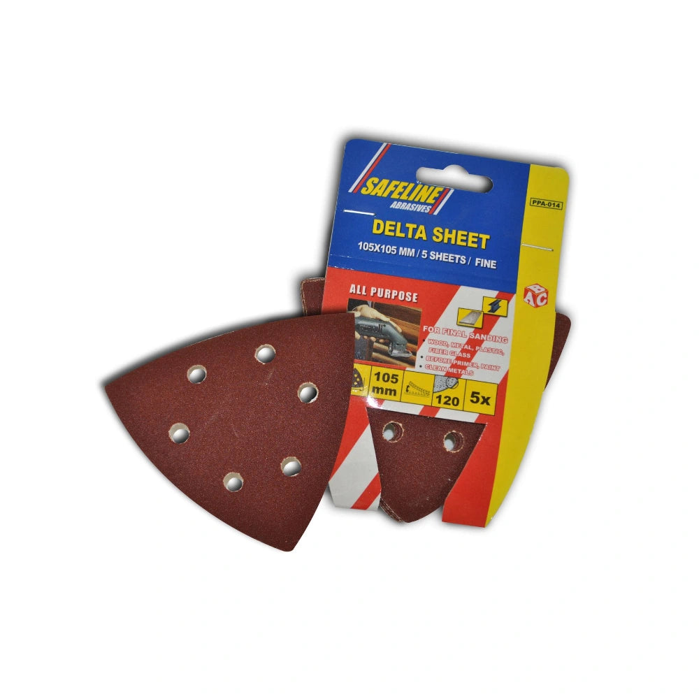 Safeline Delta Sheet 105x105mm sanding pads in pack of 5, showing reddish-brown abrasive triangular sheets with pre-drilled holes and blue and yellow packaging displaying product details and grit size 120 coarse rating