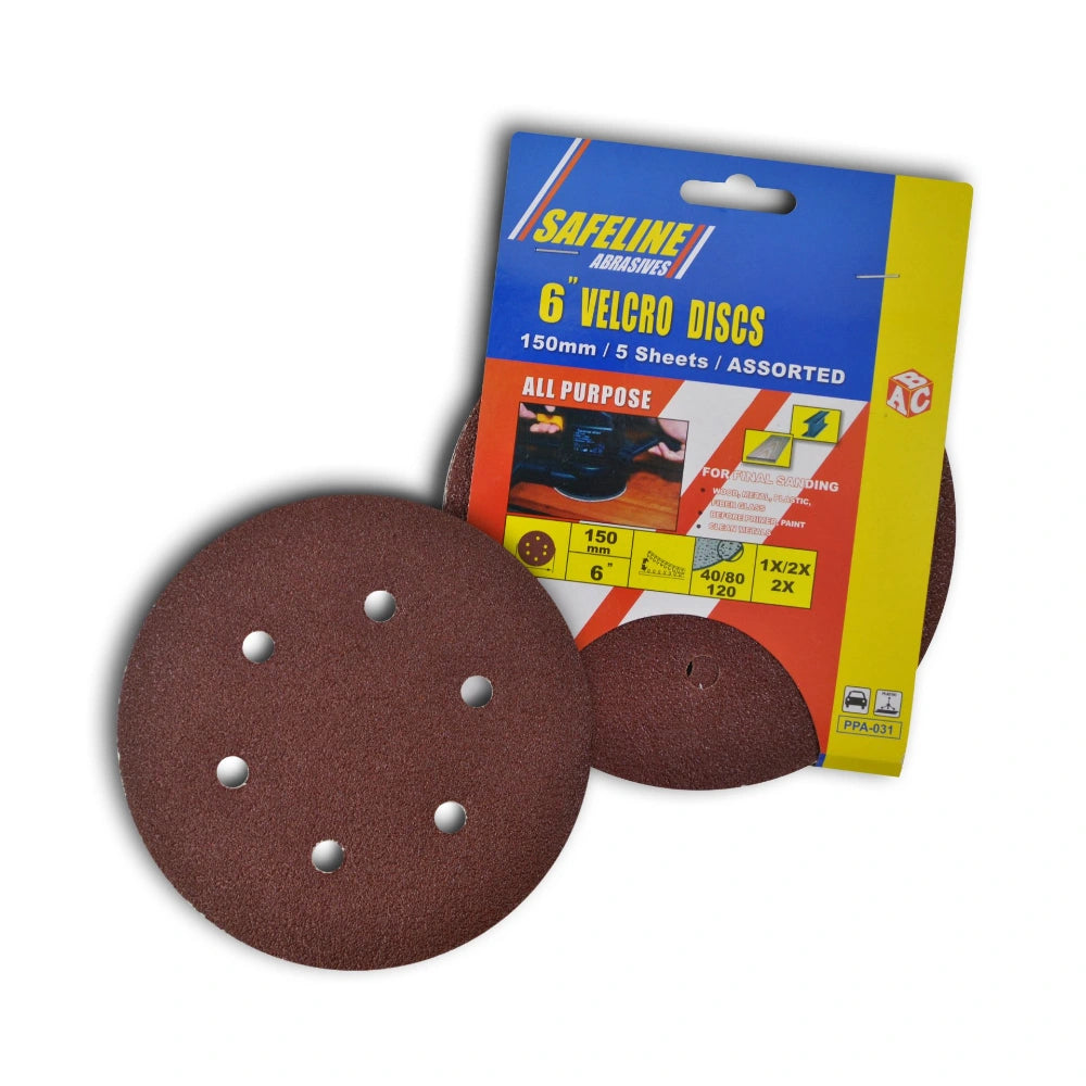 Safeline 150mm Velco Sanding Discs 5 Pack No Holes - Assorted | PPA031