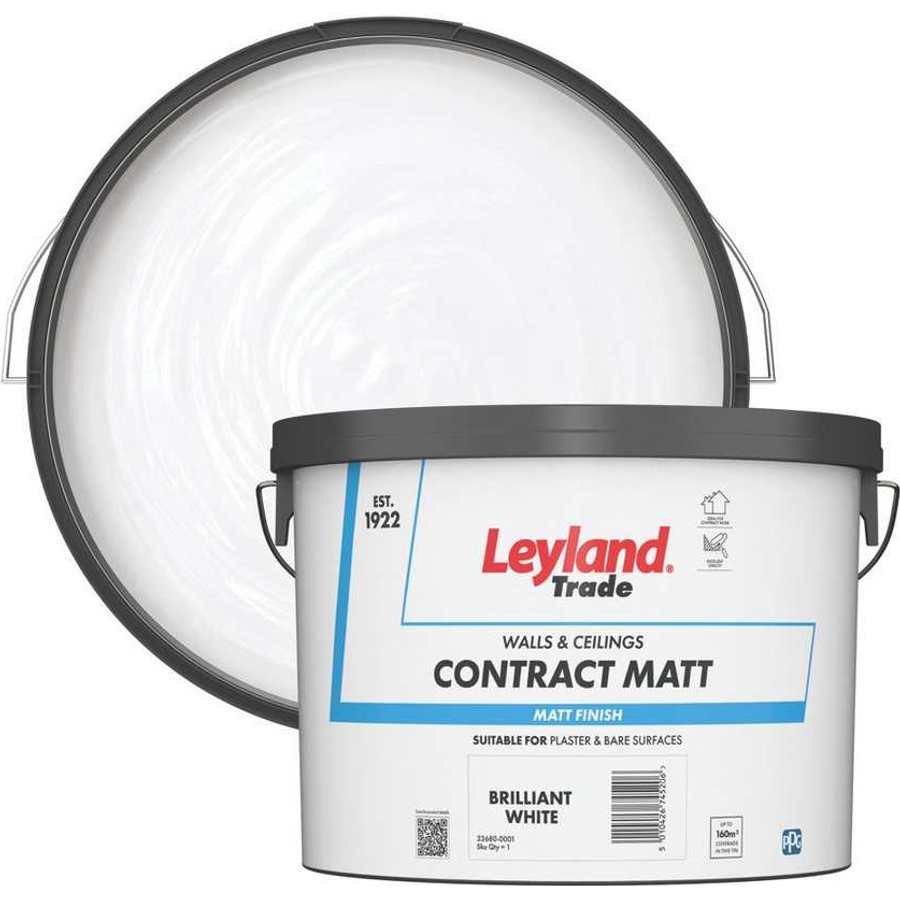 Leyland Trade Contract Matt 10 litre paint bucket in brilliant white with matt finish for walls and ceilings, displayed with an open lid showing the white paint inside and a dark grey rim