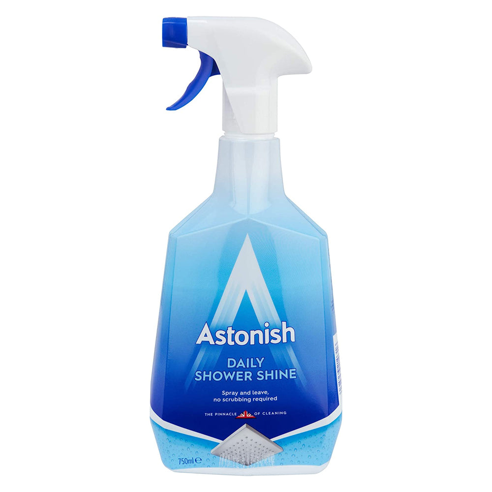 Astonish Daily Shower Shine 750ml spray bottle with blue and white trigger sprayer, featuring blue gradient label and water droplet design graphics