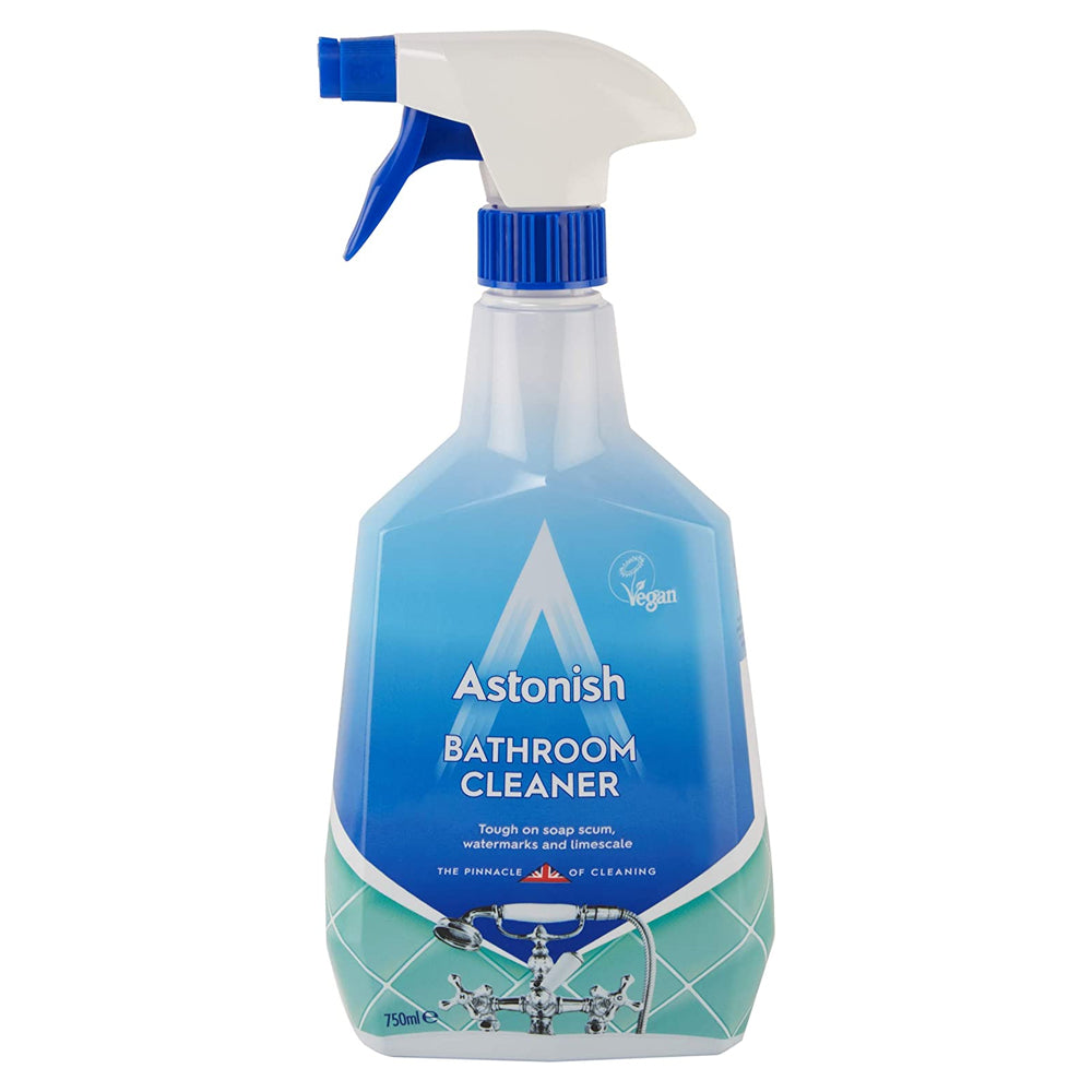 Astonish Bathroom Cleaner 750ml spray bottle with blue upper label and turquoise lower section featuring chrome bathroom fixtures, white trigger spray nozzle, and vegan certification logo