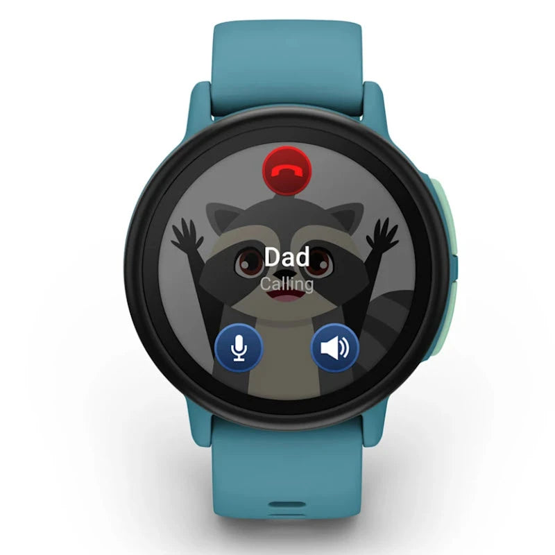 Smartwatch with a cartoon raccoon character on the screen, showing a call from 'Dad'.