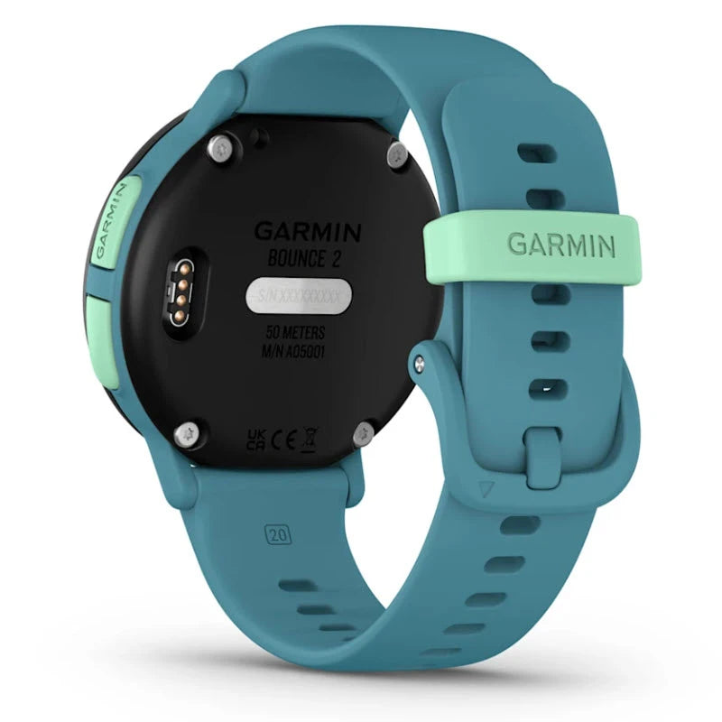 Back view of a teal Garmin smartwatch on a white background