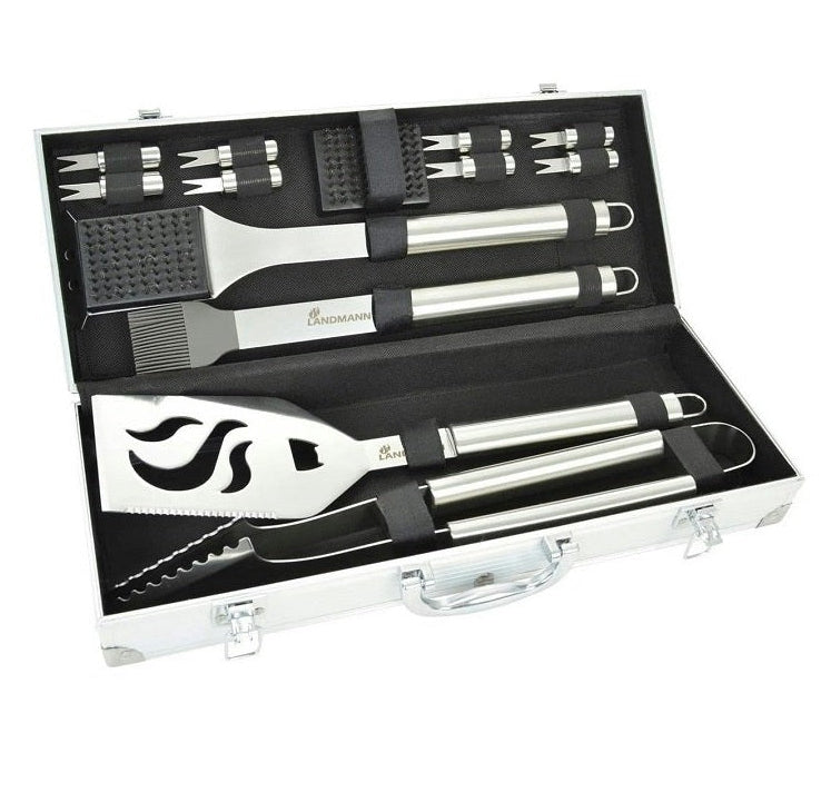 Set of stainless steel barbecue tools in a case on a white background