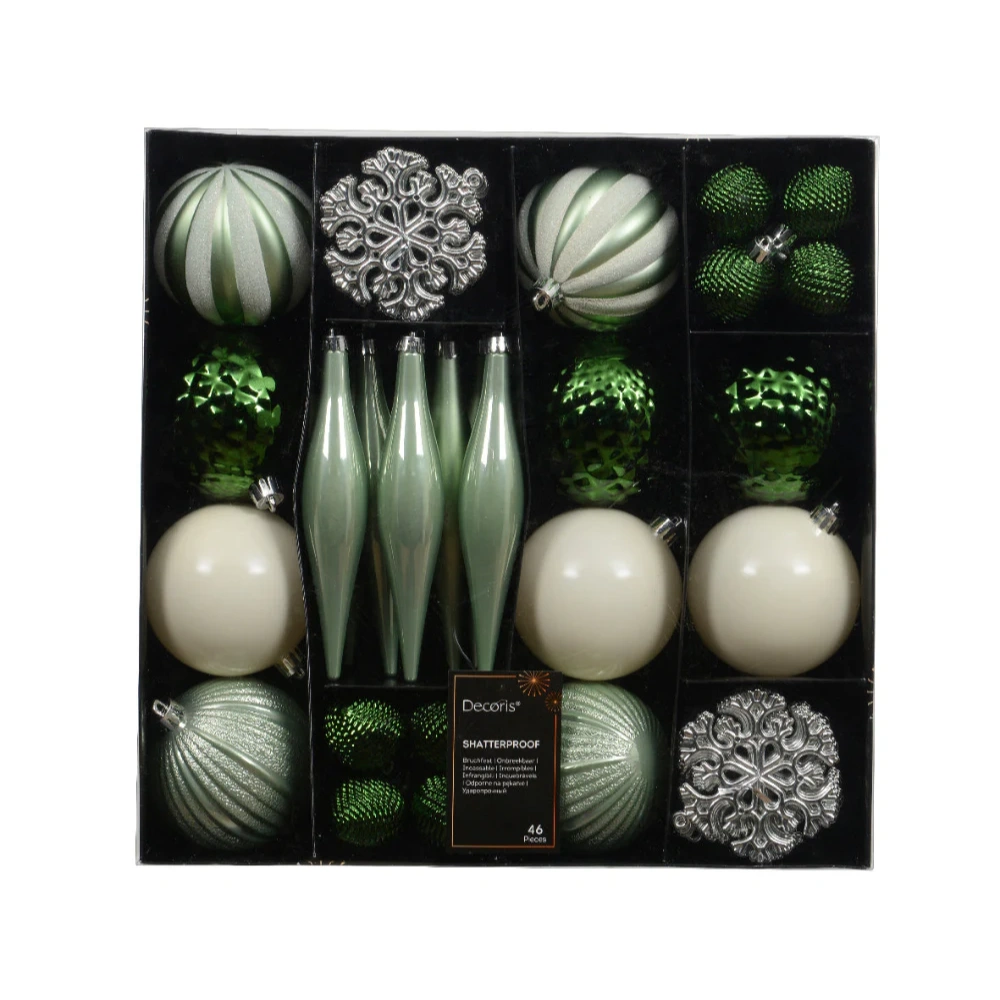 Decoris Green, White and Silver Shatterproof Bauble Mix - Pack of 46