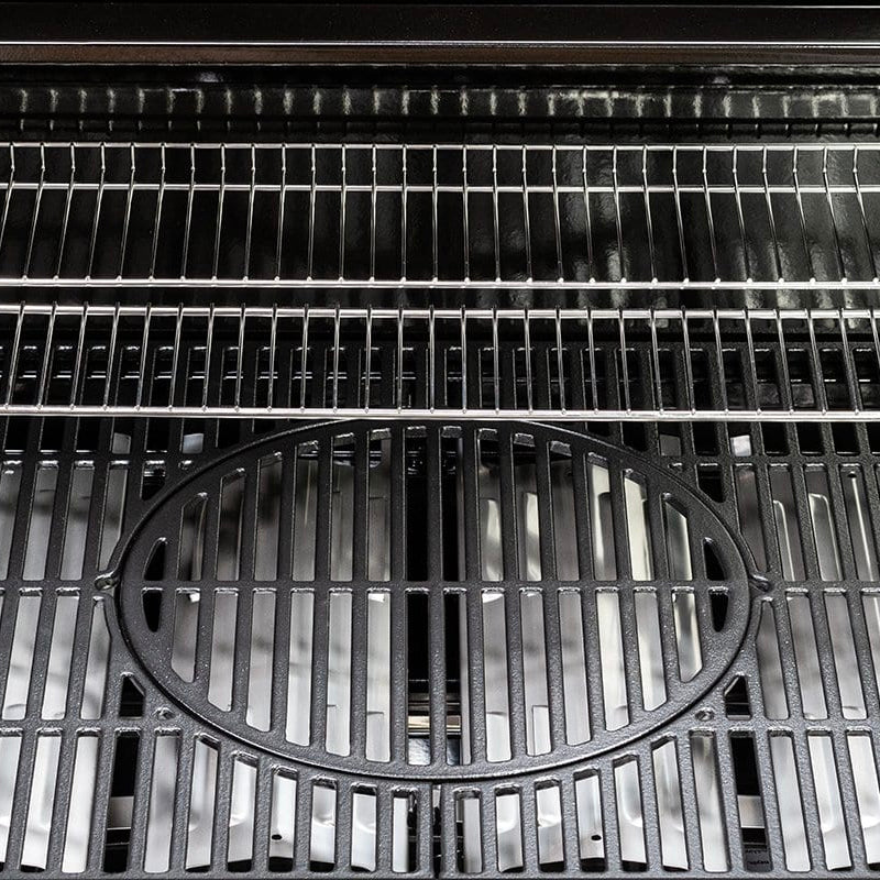 Close-up view of Sahara X450-S gas barbecue grill grates showing black cast iron cooking surface with oval drip tray and stainless steel burner covers arranged in rows