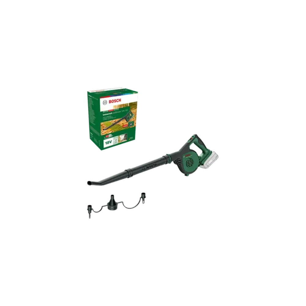 Bosch Universal Garden Leaf Blower 18V cordless in green and black with packaging box, 2.5ah battery and charger accessories shown