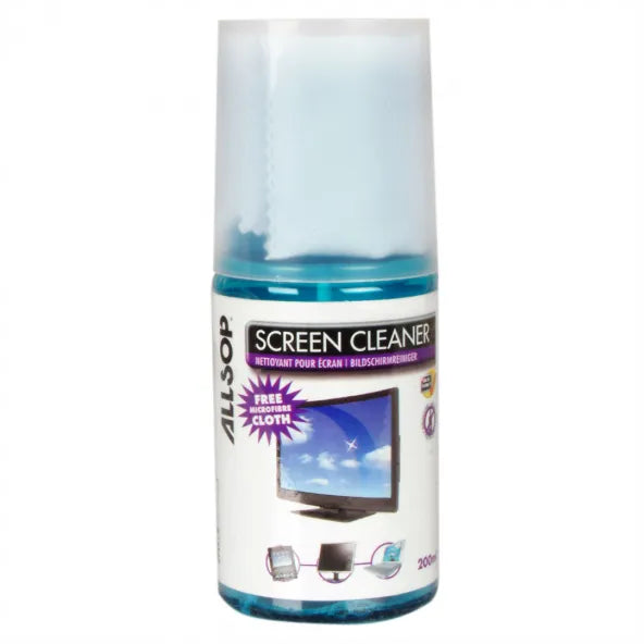 Allsop Screen Cleaner 200ml spray bottle with blue liquid and free microfibre cloth, featuring product label with monitor display image and cleaning icons on white background