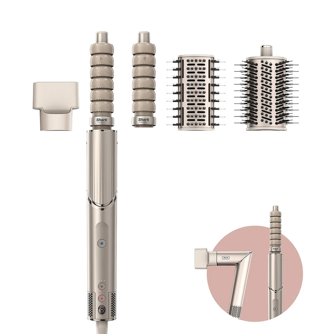 A 4 in 1 air styler and hair dryer with multiple attachments, displayed in a stone color finish. The image shows the main unit and three additional curler attachments, paddle brush, and oval brush.