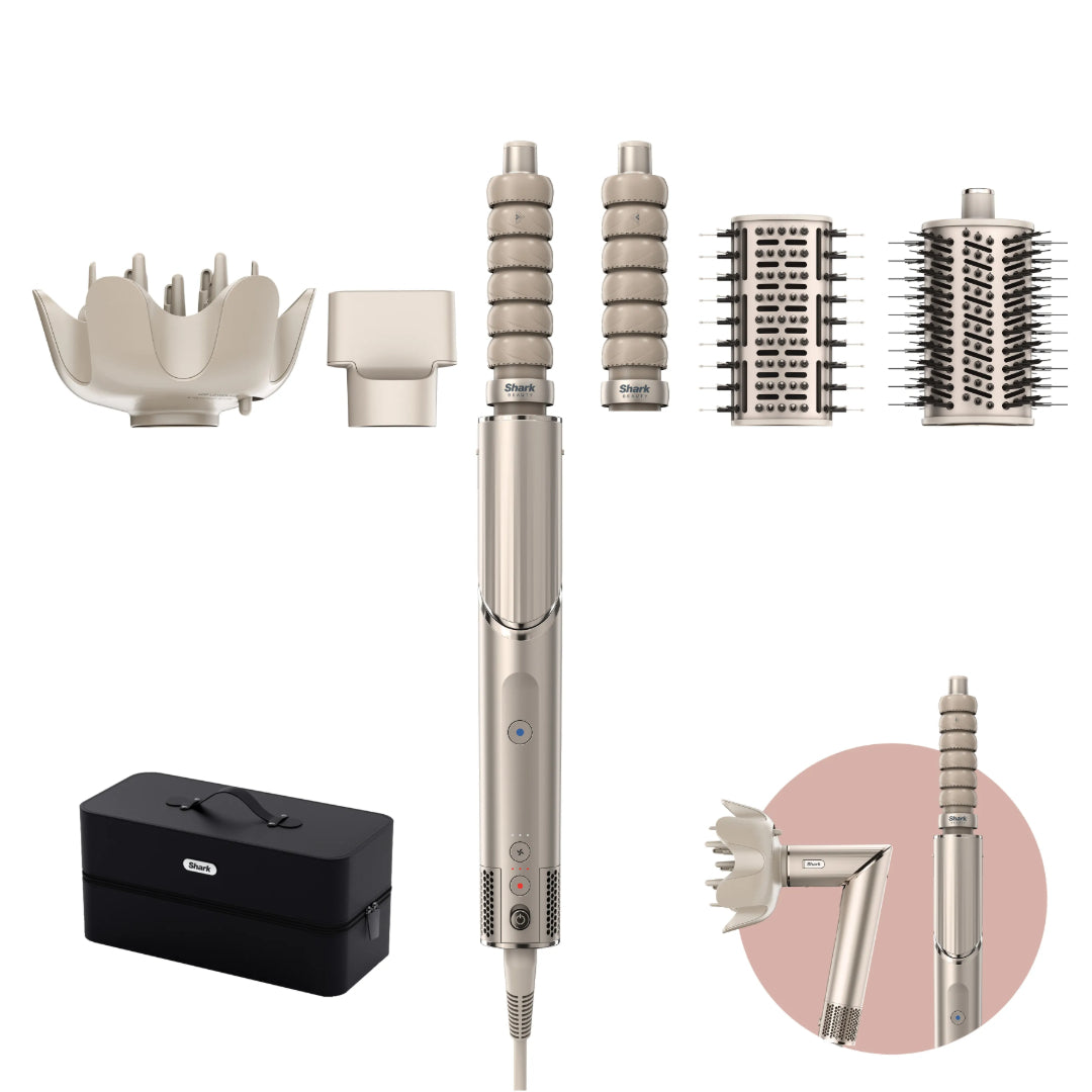 A Shark FlexStyle 5 in 1 Air Styler and Hair Dryer with various attachments and a storage case. The main image shows the device as a hair styler, with additional images of the different styling attachments and the power cord.