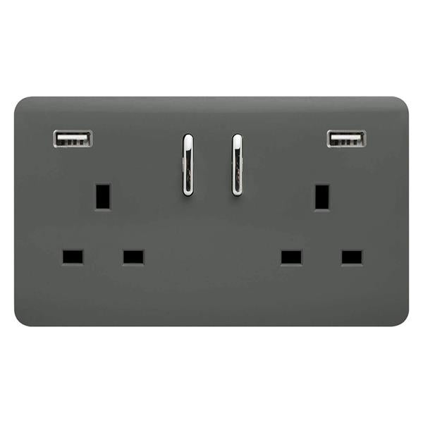 Trendi Double Socket 2 Gang 13A 2 USB A Charcoal | Wall