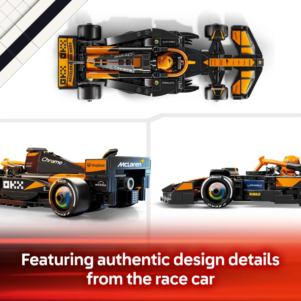 Top-down and angled views of the LEGO McLaren F1 Team MCL38 Race Car set 77251, displaying an orange and black Formula 1 car model with authentic design details including Pirelli tires, sponsor logos like Chrome and DeWalt, and intricate engineering elements visible from multiple angles