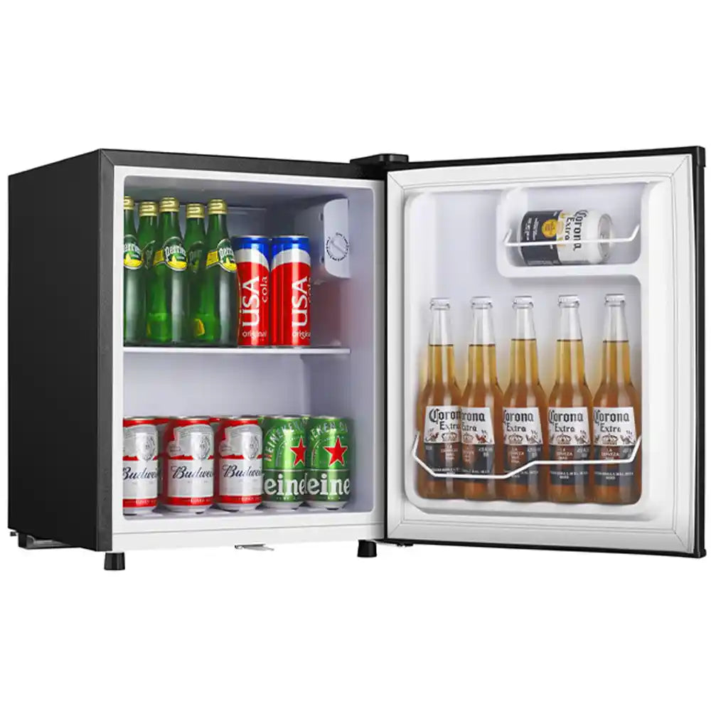 Black tabletop beverage cooler with glass door open displaying shelves stocked with green beer bottles, red and white cans, and Corona beer bottles on the right side door shelf