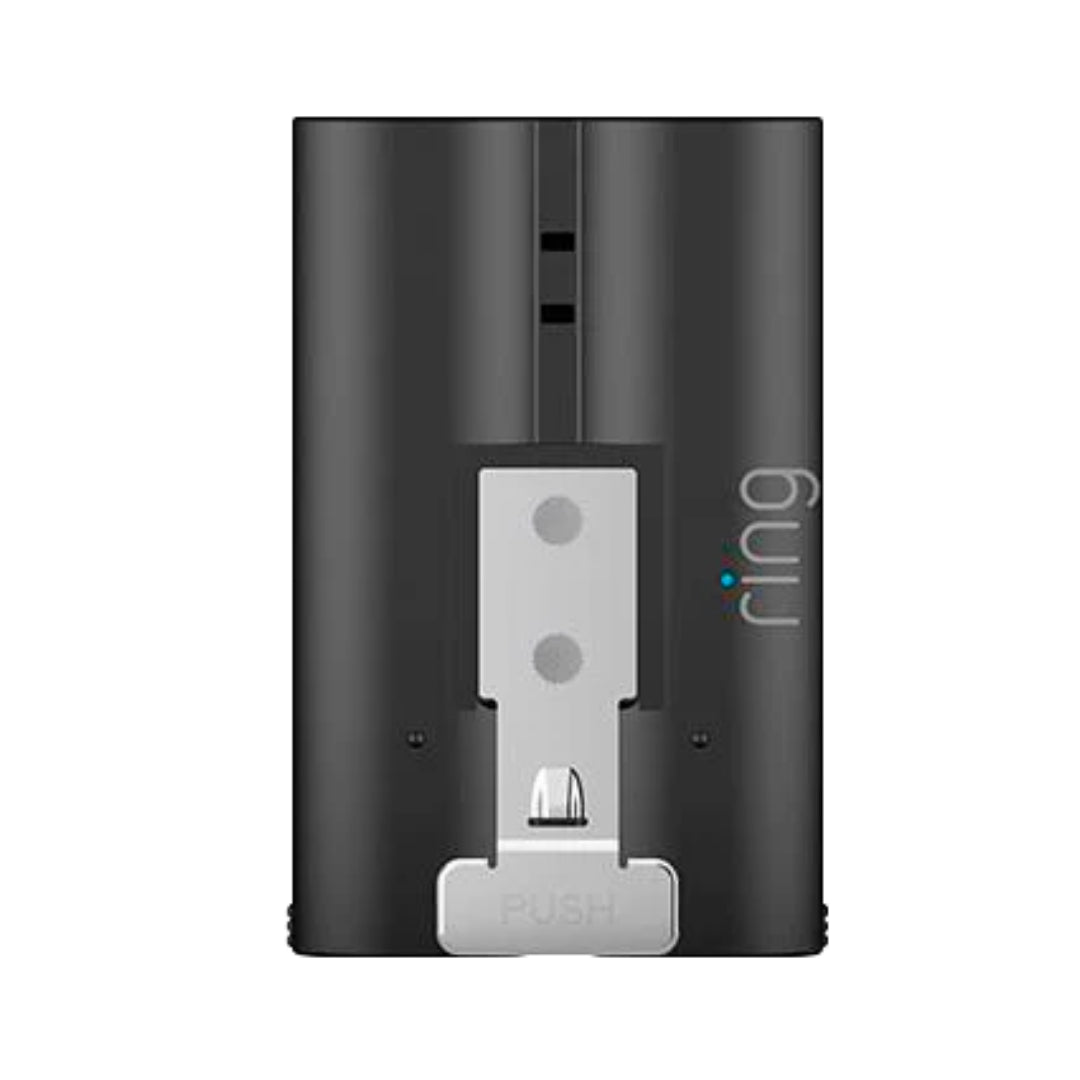 Black and silver Ring quick release spare replacement battery pack with white push button and dual circular contact points for charging dock compatibility