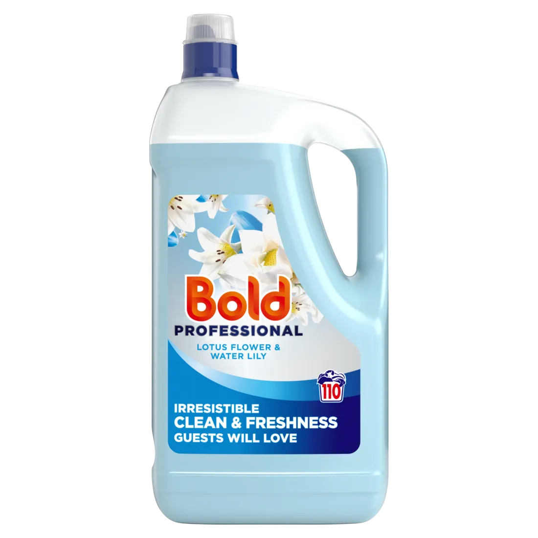Bold Professional Lotus Flower and Water Lily laundry detergent bottle, 4.95 litre size, with light blue liquid inside clear plastic container, navy blue cap and label featuring white lotus flower illustrations and red Bold branding, marketing text highlighting clean and freshness benefits and 110 wash count