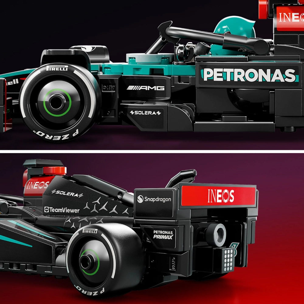 LEGO Mercedes-AMG F1 W15 Race Car model 77244 showing two detailed views of the turquoise and black Formula 1 car with PETRONAS branding, featuring Pirelli tires with green accents, realistic cockpit details, and authentic AMG badging against black and burgundy backgrounds