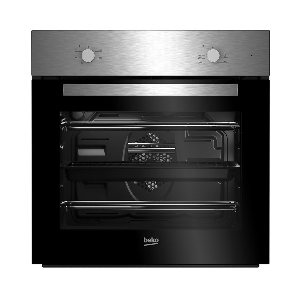 Beko built-in electric oven with stainless steel top panel and black glass door, featuring two control knobs and chrome handles, displayed as a standalone product shot