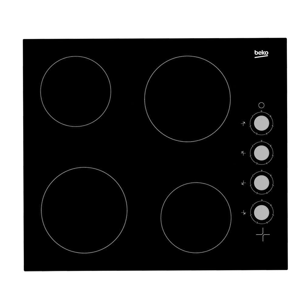 Beko built-in ceramic hob with four cooking zones, black glass surface, and four control knobs on the right side, featuring the Beko logo in the top right corner