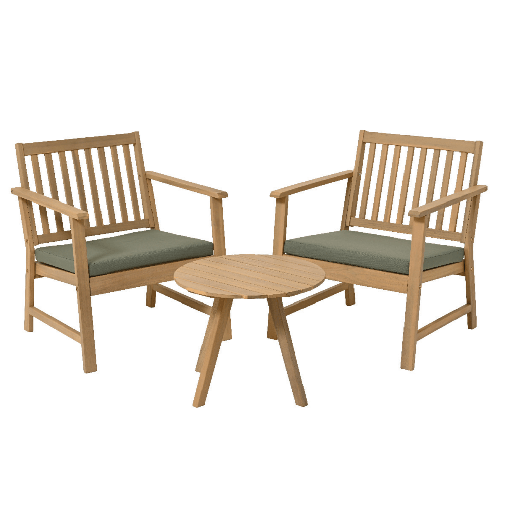 Kaemingk Acacia Wood 2 Seater Garden Bistro Set with two wooden chairs featuring vertical slat backs, green cushioned seats, and a round wooden side table