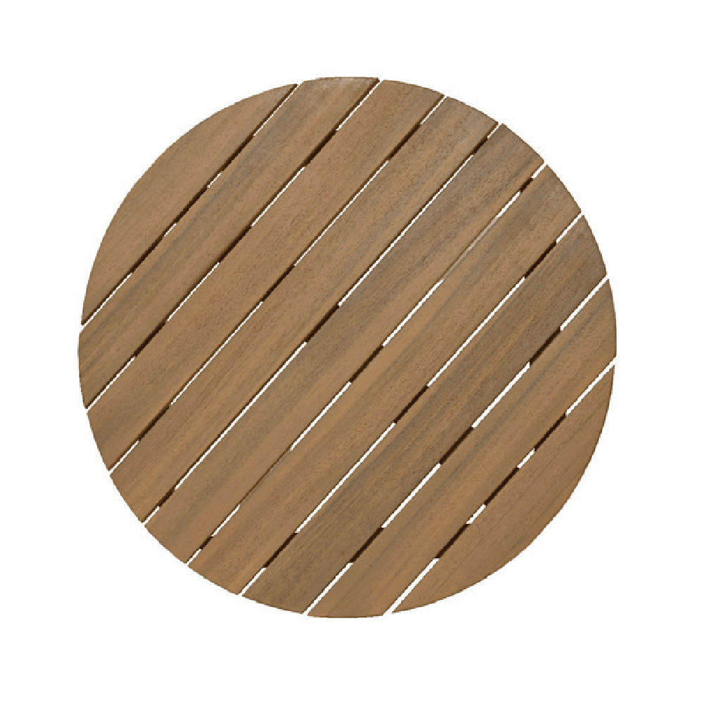 Overhead view of round acacia wood garden bistro table top with diagonal slatted design and white gaps between wooden planks