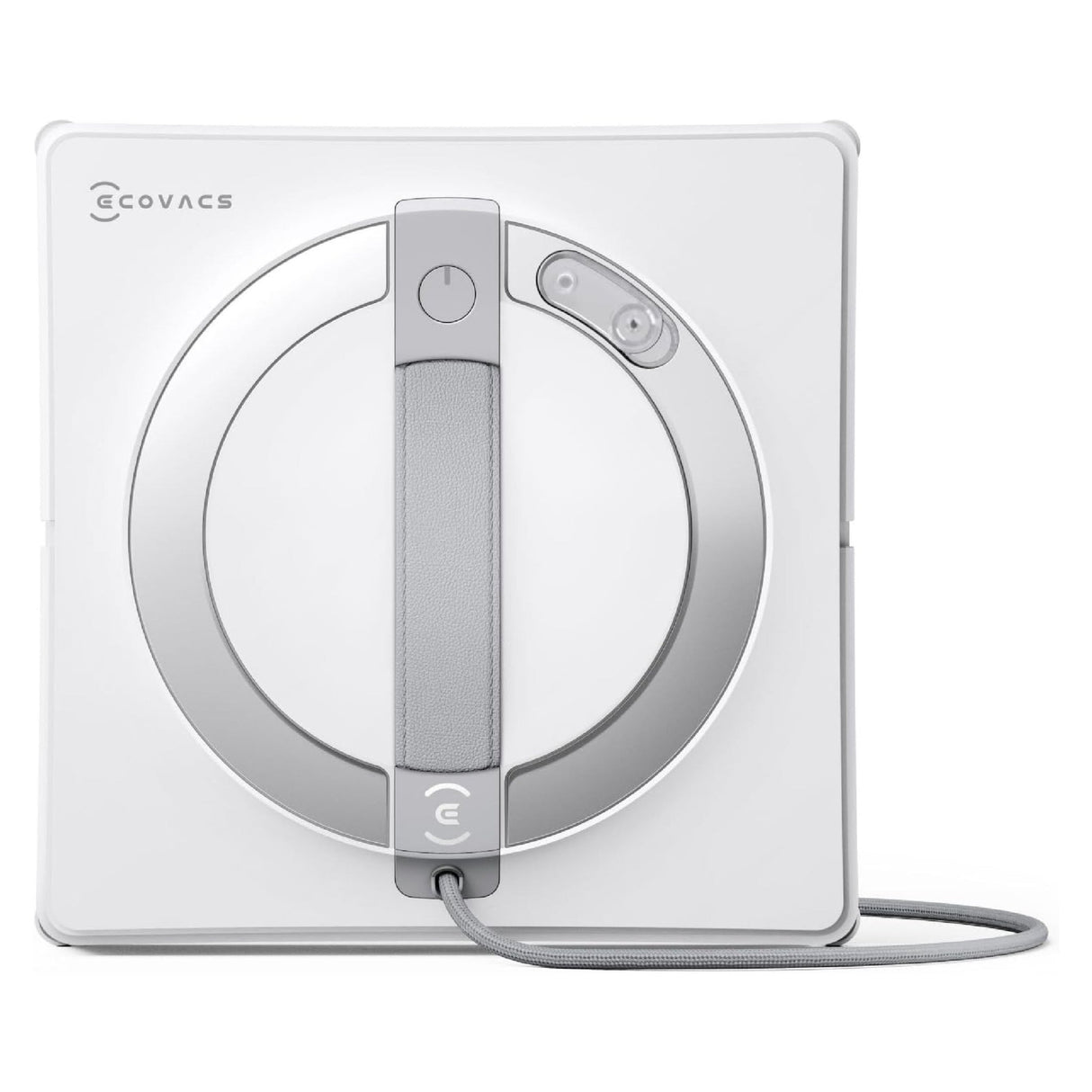 Ecovacs Winbot W2S Omni white and gray robotic window vacuum cleaner with circular design, control panel on top handle, and attached power cord