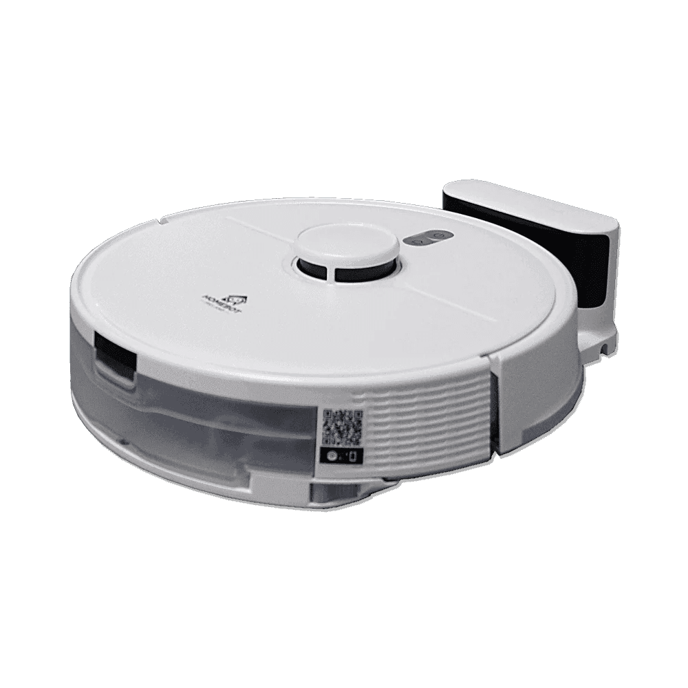 White and black robotic vacuum cleaner with circular disc design, central control knob, dustbin compartment, charging dock attachment on right side, and digital display panel on lower front