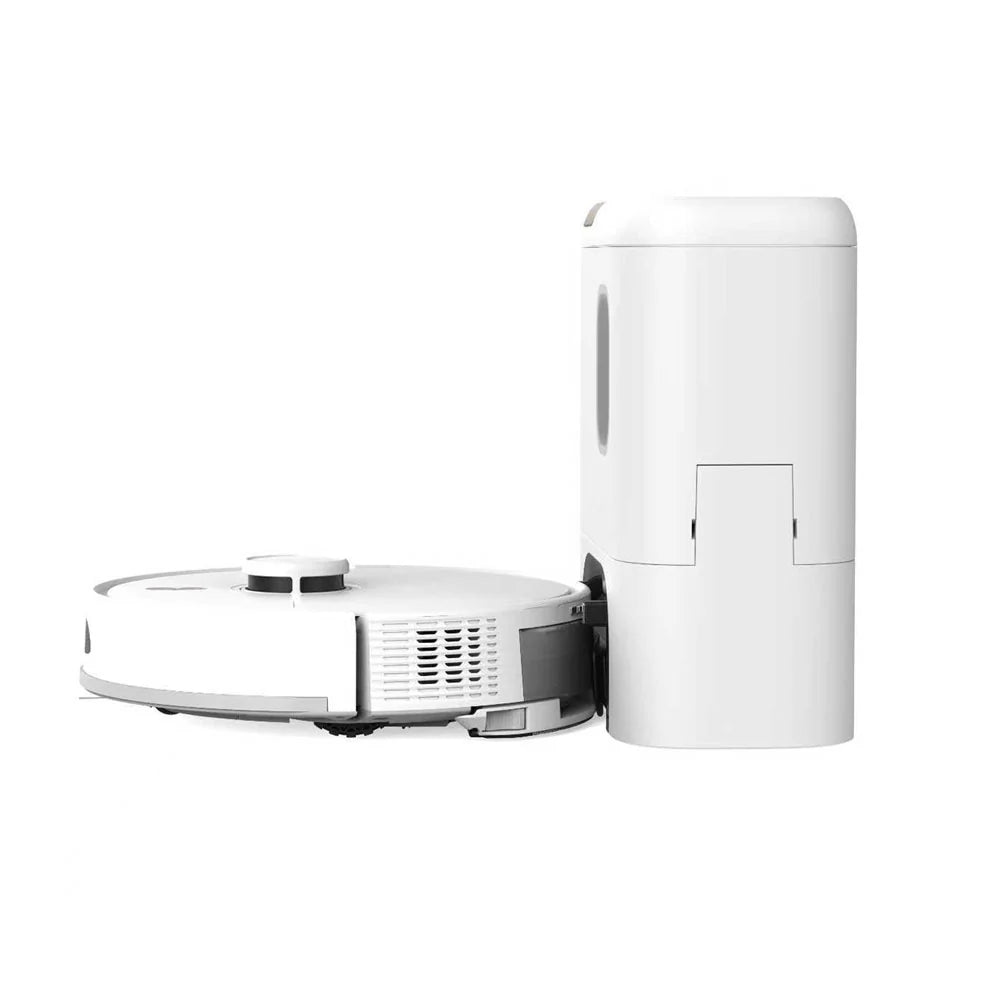White robotic vacuum cleaner with circular disc base and separate tall cylindrical charging dock featuring ventilation grills and access panel