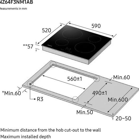 Samsung Series 3 black electric induction hob with 4 cooking zones and installation dimensions shown, model NZ64F3NM1AB
