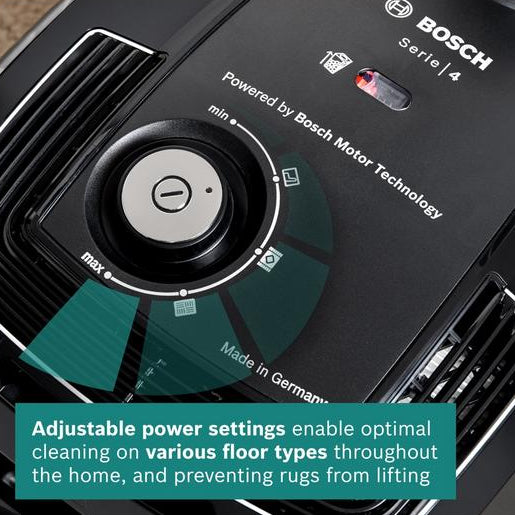 Bosch cleaning device with control panel and text about adjustable power settings.