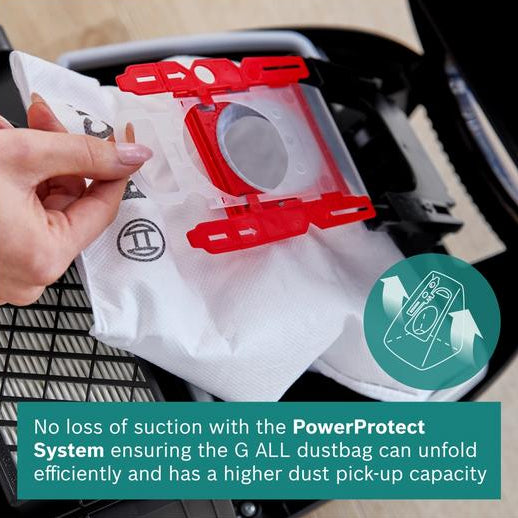 Person holding a vacuum cleaner dustbag with PowerProtect System feature