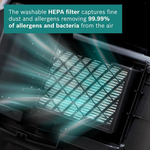 HEPA filter with text about capturing dust, allergens, and bacteria
