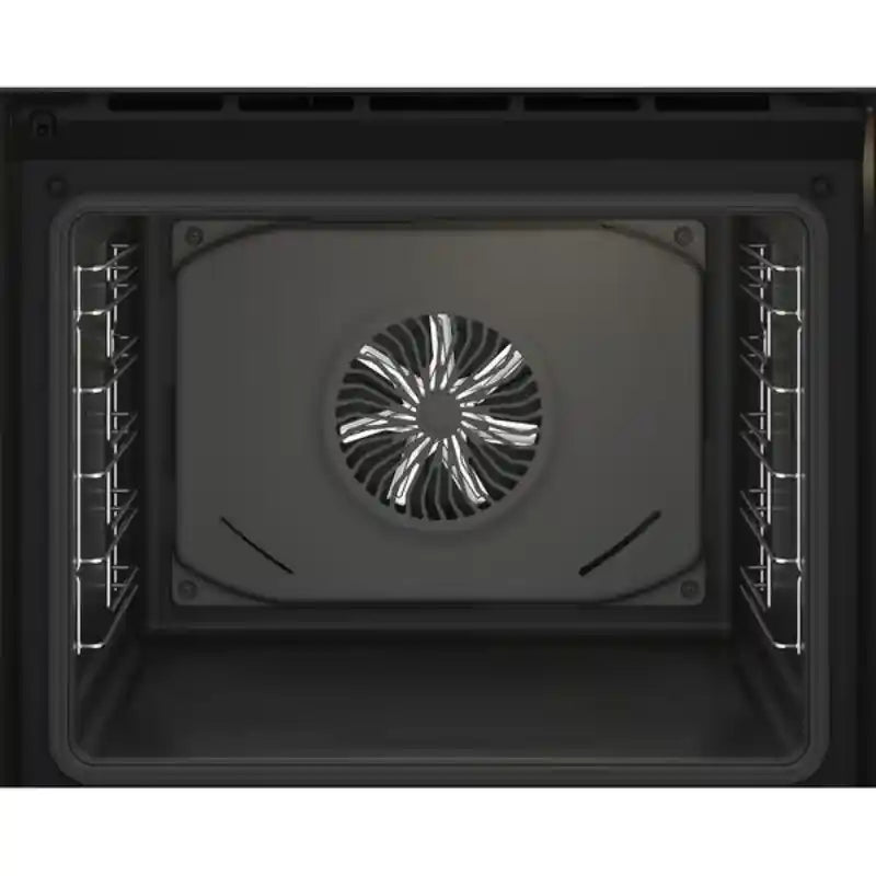 Interior view of Beko Pro AeroPerfect built-in single oven in anthracite with open door showing circular fan element and wire racks