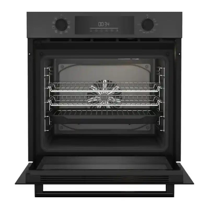 Beko Pro AeroPerfect built-in single oven in anthracite grey with digital display, dual control knobs, two wire shelves, and drop-down door open showing interior cavity
