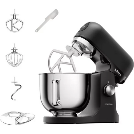 Black stand mixer with attachments on a white background