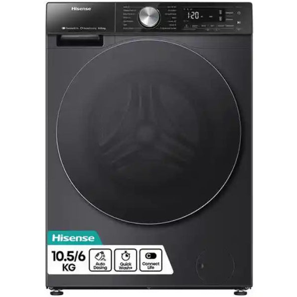 Hisense 5S Series black washer dryer with 10.5kg capacity, auto dosing WiFi connectivity, quick wash and compact life features displayed front-on against white background