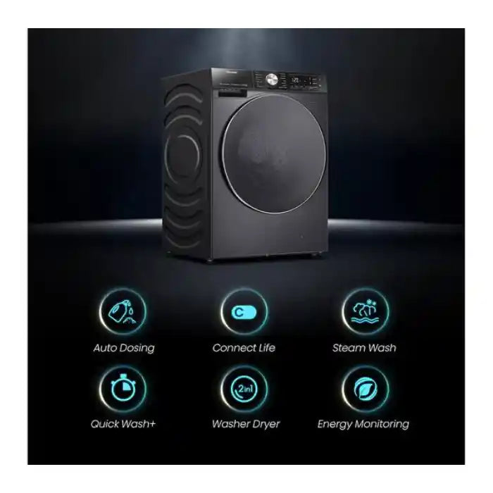 Hisense 5S Series black washer dryer with 10.5 kg capacity featuring Auto Dosing, Connect Life, Steam Wash, Quick Wash+, 2in1 Washer Dryer and Energy Monitoring functions displayed with illuminated feature icons below the appliance