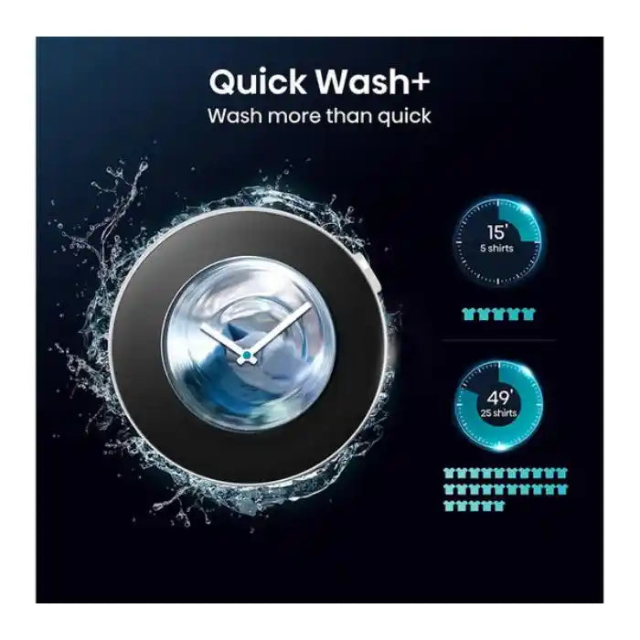 Hisense Quick Wash+ washer dryer product image showing black front-load machine with water splash effect, 15-minute 6-shirt cycle and 49-minute 25-shirt cycle timers displayed on dark background