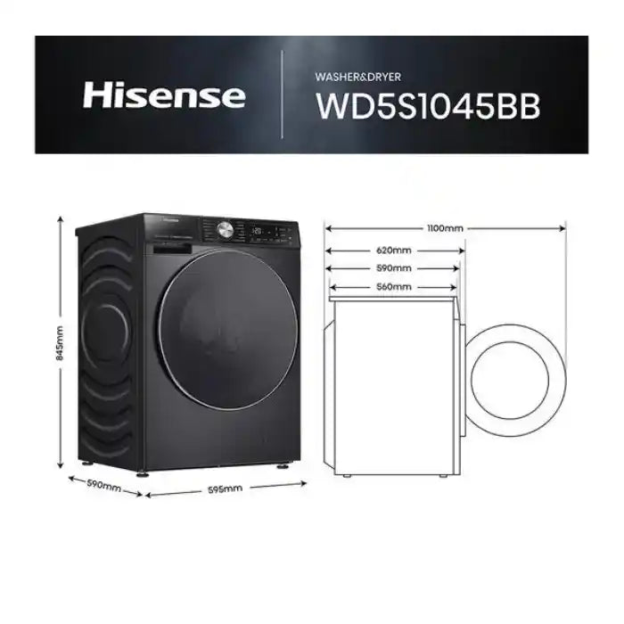 Hisense WD5S1045BB washer dryer in black with dimension specifications showing 845mm height, 590mm width, and 595mm depth, featuring a large circular drum door and digital control panel