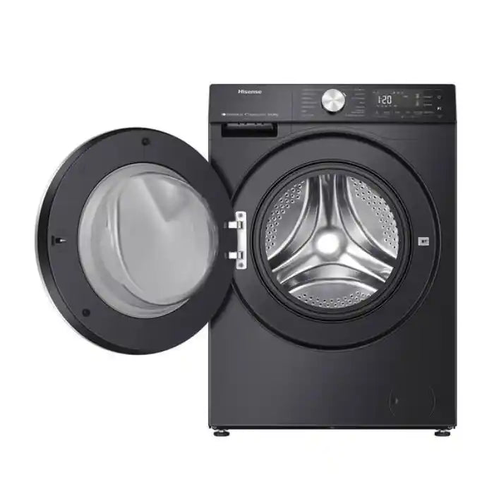 Hisense 5S Series black washer dryer with 10.5 kg capacity, front-loading design with open door showing stainless steel drum and digital control panel displaying 120 minutes cycle time