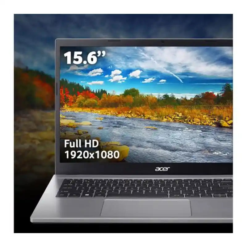 Acer Aspire Go 15 silver laptop displaying 15.6 inch Full HD 1920x1080 screen with scenic river landscape wallpaper, showing keyboard and trackpad