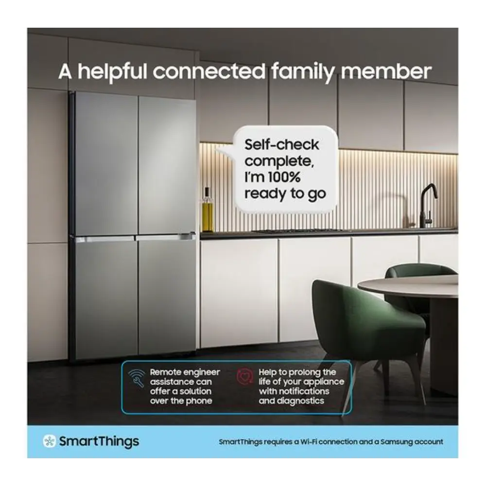 Samsung SpaceMax Bespoke AI Series 6 American fridge freezer in silver with flat panel doors in modern kitchen, showing SmartThings connectivity features including remote engineer assistance and appliance diagnostics notifications
