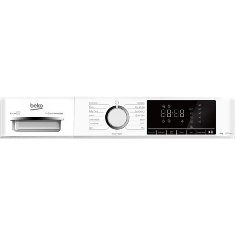 Beko BW1O3821W white 8kg 1200 spin washing machine showing front-loading drum, control panel with digital display and dial knob, and digital touchscreen interface with program settings