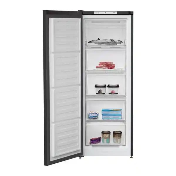 Beko black upright tall freezer with open door displaying multiple shelves containing frozen foods, ice cream and frozen items