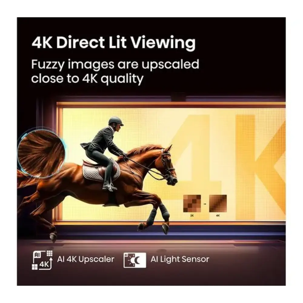 Marketing image demonstrating 4K Direct Lit Viewing technology on Hisense A6Q TV showing a rider on a brown horse with AI 4K Upscaler and AI Light Sensor features, with comparison of 2K versus 4K image quality in the bottom right corner against a warm yellow background