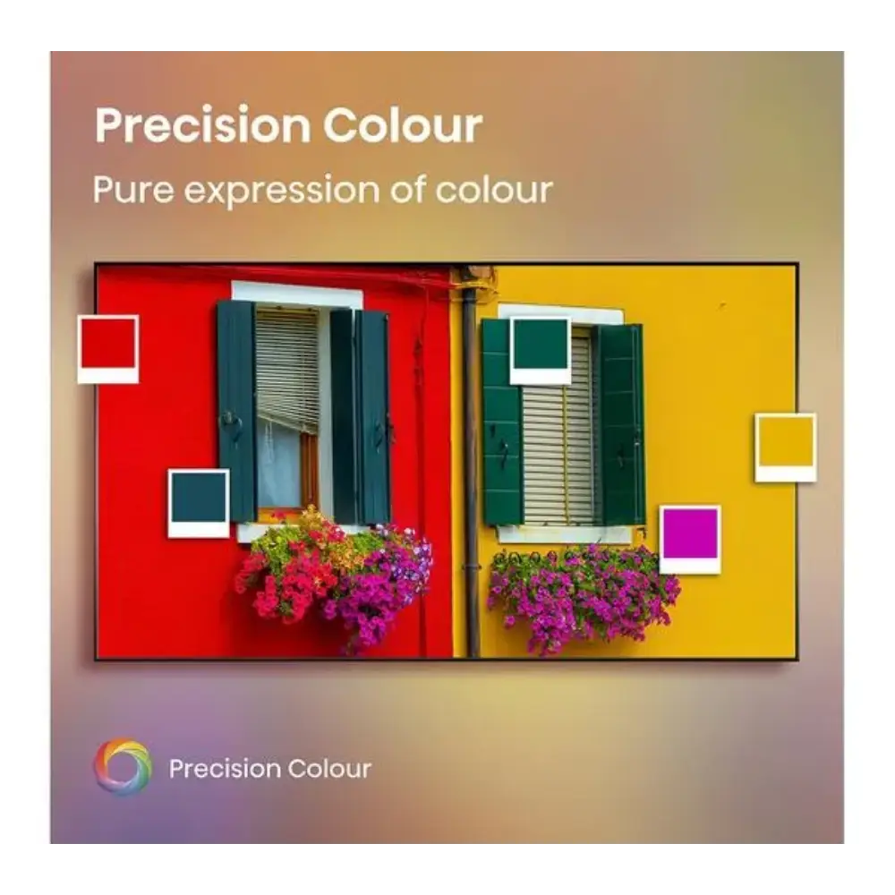 Precision Colour marketing image showing vibrant red and yellow building facades with colorful windows, green shutters, and magenta flowers demonstrating color accuracy and vivid display quality
