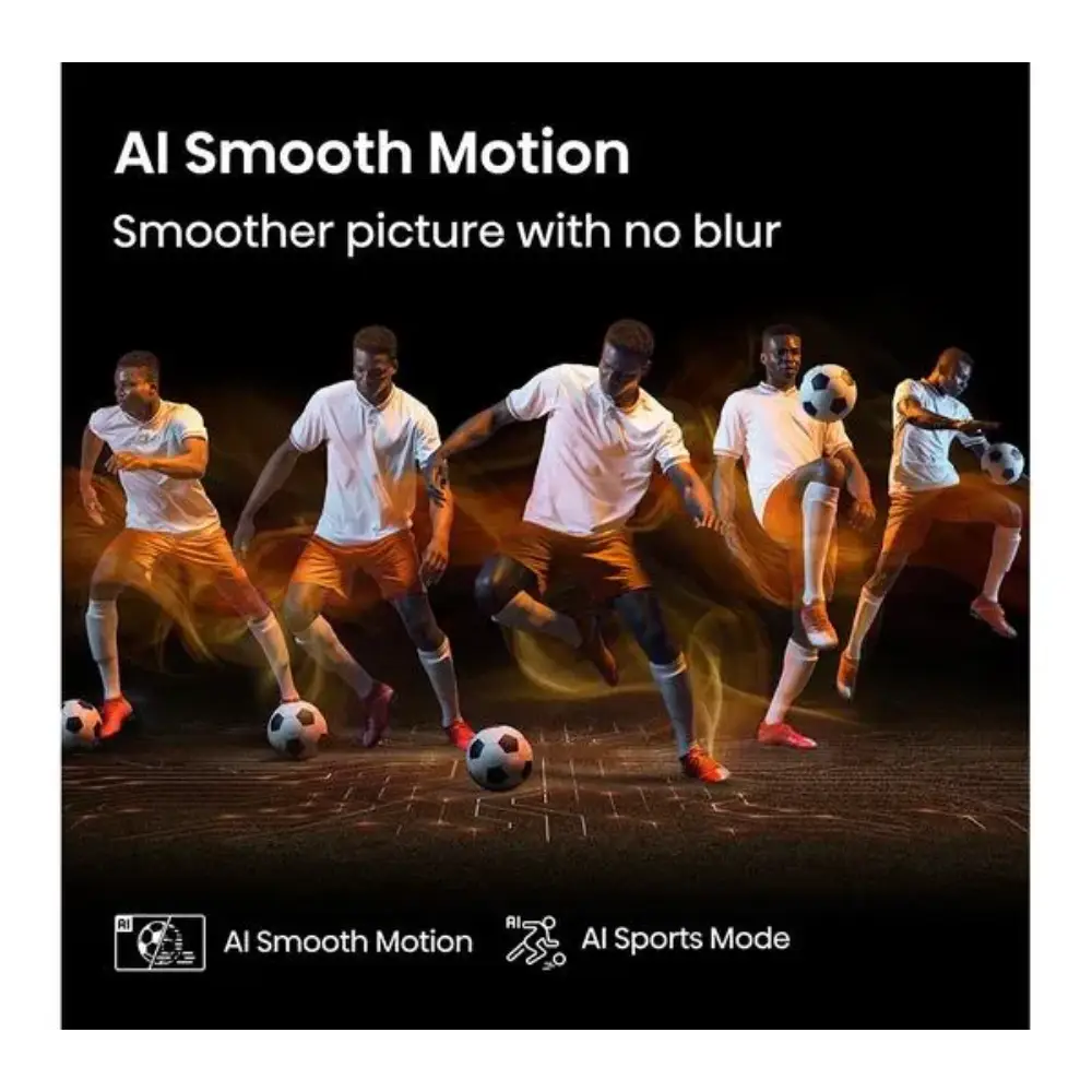 Marketing image showcasing AI Smooth Motion technology on Hisense A6Q TV, displaying five male soccer players in dynamic motion against dark background with golden lighting effects, demonstrating smooth video processing without blur during fast-moving sports action