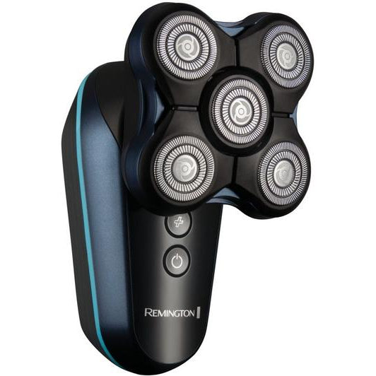 Remington XR8000U51 rotary shaver with five circular cutting heads, black body with blue accents, handheld grooming device for head and beard trimming