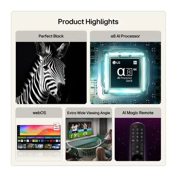 LG B6 55 inch OLED TV 2026 product highlights displaying Perfect Black contrast with zebra image, a8 AI Processor Gen 5 chip, webOS interface menu, Extra Wide Viewing Angle stadium scene, and AI Magic Remote control on purple background