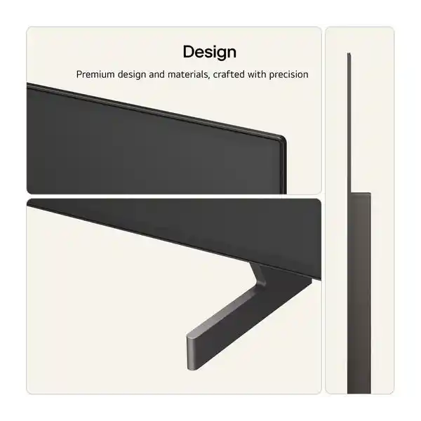 Minimalist design illustration of LG B6 OLED TV showing sleek black bezel and stand with premium materials against cream background, highlighting modern aesthetic and precision craftsmanship